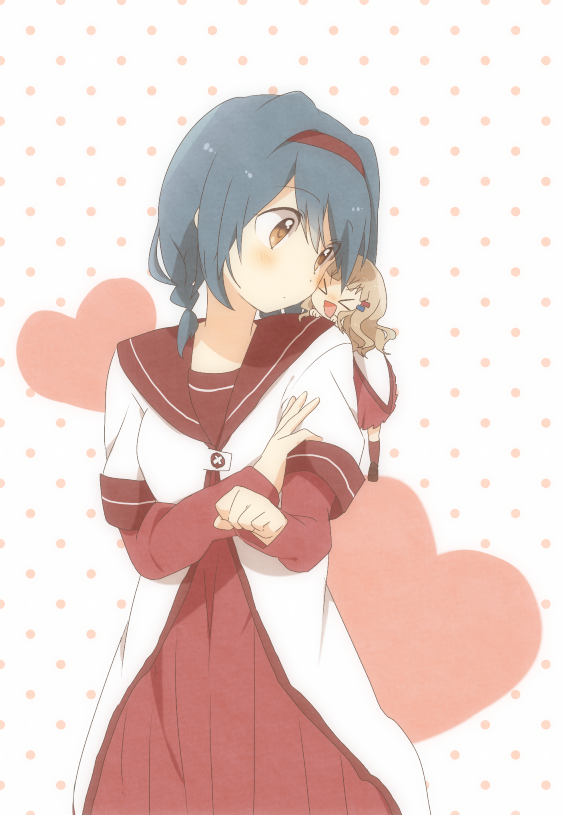 >_<, blue_hair, blush, brown_eyes, furutani_himawari, hair_ornament, hairband, hairclip, minigirl, multiple_girls, natalaria, oomuro_sakurako, school_uniform, yuru_yuri