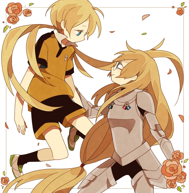 1girl, armor, blonde_hair, blue_eyes, eye_contact, fusion, inazuma_eleven, inazuma_eleven_(series)