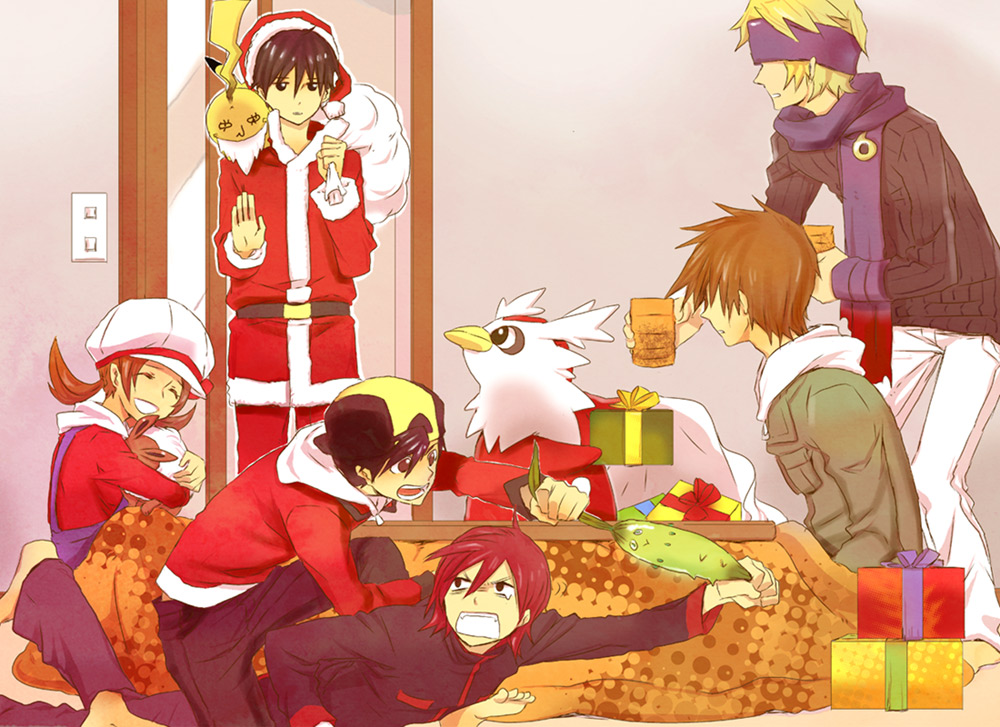 5boys, blonde_hair, brown_eyes, brown_hair, chikorita, christmas, closed_eyes, delibird