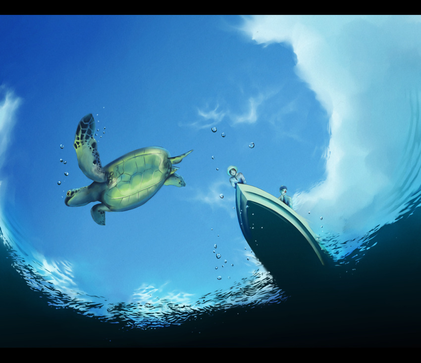 blue_hair, blue_sky, boat, bubble, buggy_the_clown, hat, letterboxed, male