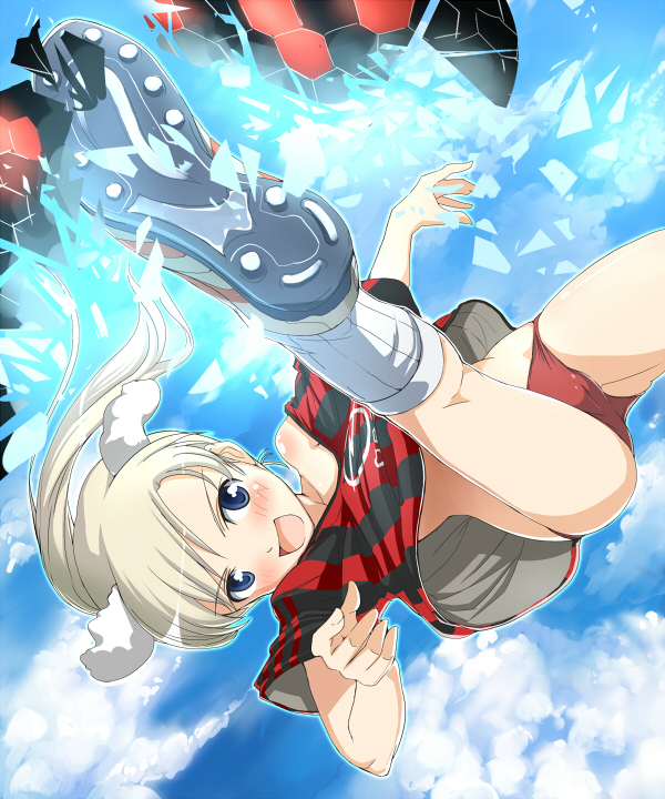 :d, ac_milan, animal_ears, blue_eyes, blush, buruma, hi-ho-, kicking, long_hair, martina_crespi, open_mouth, panties, ponytail, silver_hair, smile, soccer, soccer_uniform, socks, solo, strike_witches, striped, underwear