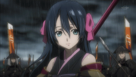 animated, animated_gif, army, arquebus, bare_shoulders, blue_eyes, blue_hair, bow