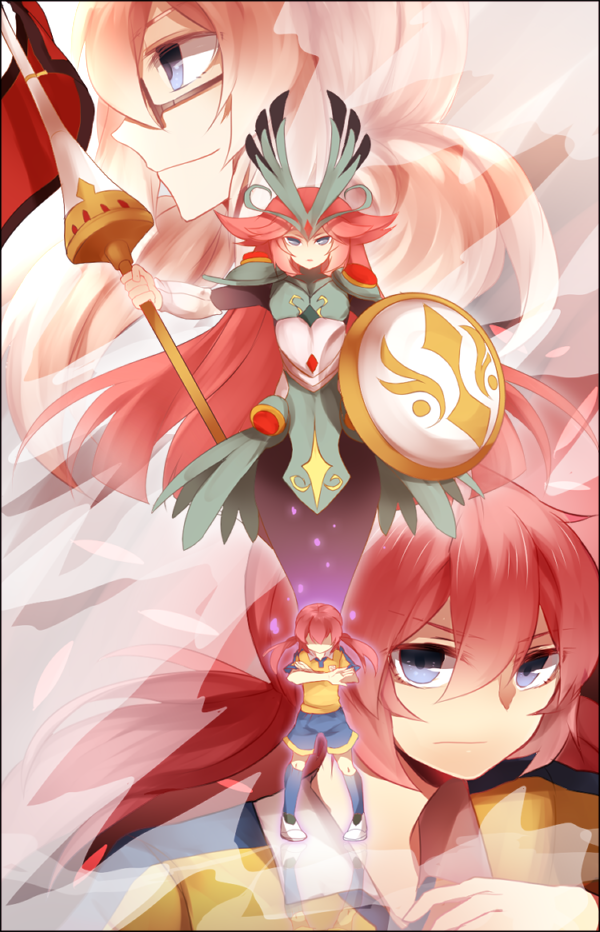 blue_eyes, dual_persona, fusion, glasses, inazuma_eleven, inazuma_eleven_(series), inazuma_eleven_go, inazuma_eleven_go_chrono_stone, jeanne_d'arc_(inazuma_eleven), jeanne_d'arc_(inazuma_eleven), kirino_ranmaru, lance, long_hair, no_eyes, pink_hair, polearm, raimon, senkishi_br&uuml;nnhilde, senkishi_brunnhilde, senkishi_brã¼nnhilde, shield, shouen_kigashi, soccer_uniform, twintails, weapon