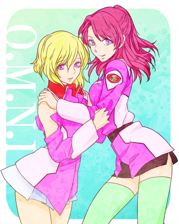 2girls, bare_shoulders, crossed_arms, crossover, detached_sleeves, flay_allster, green_legwear, gundam