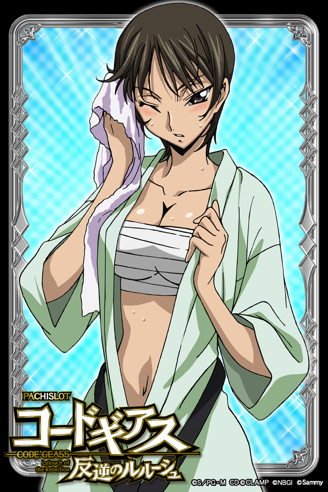 black_hair, blue_background, blush, breasts, chiba_nagisa, cleavage, code_geass, dougi, grey_eyes, japanese_clothes, obi, official_art, open_clothes, sarashi, short_hair, solo, sportswear, sweat, towel, untied, untied_obi