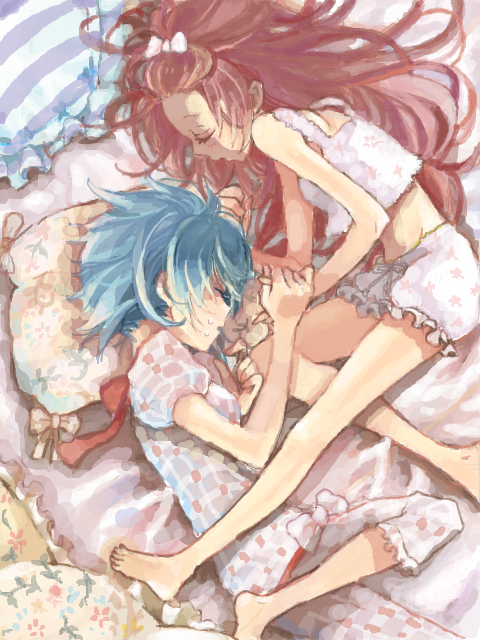 blue_hair, closed_eyes, eyes_closed, j-peg, long_hair, mahou_shoujo_madoka_magica, miki_sayaka, multiple_girls, pajamas, pillow, red_hair, redhead, ribbon, sakura_kyouko, short_hair, sleeping, sweat, tegaki