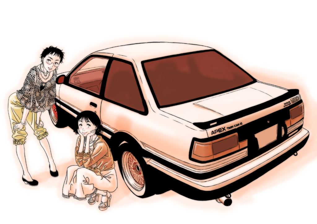 car, copyright_request, glasses, gusu, high_heels, jewelry, motor_vehicle, multiple_girls, necklace, semi-rimless_glasses, shoes, short_hair, squatting, under-rim_glasses, vehicle