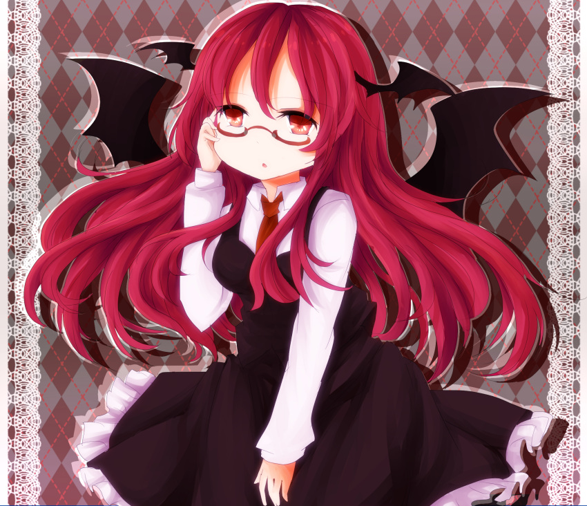 bat_wings, blush, breasts, dosei, dress, glasses, head_wings, highres