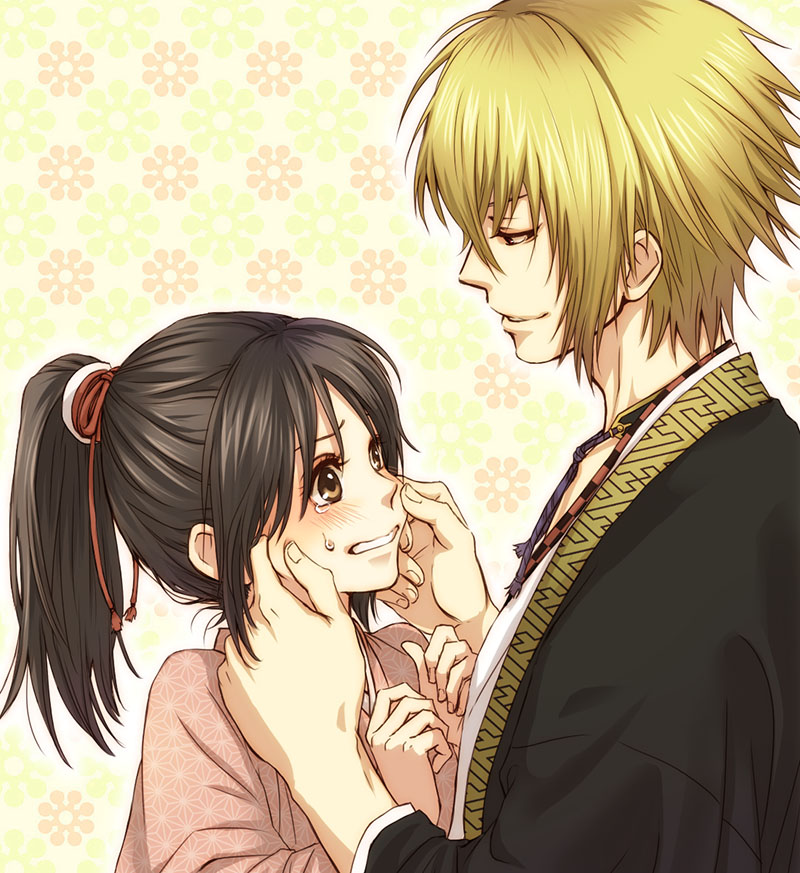 1girl, angry, blonde_hair, blush, brown_eyes, brown_hair, chikage_kazama, couple