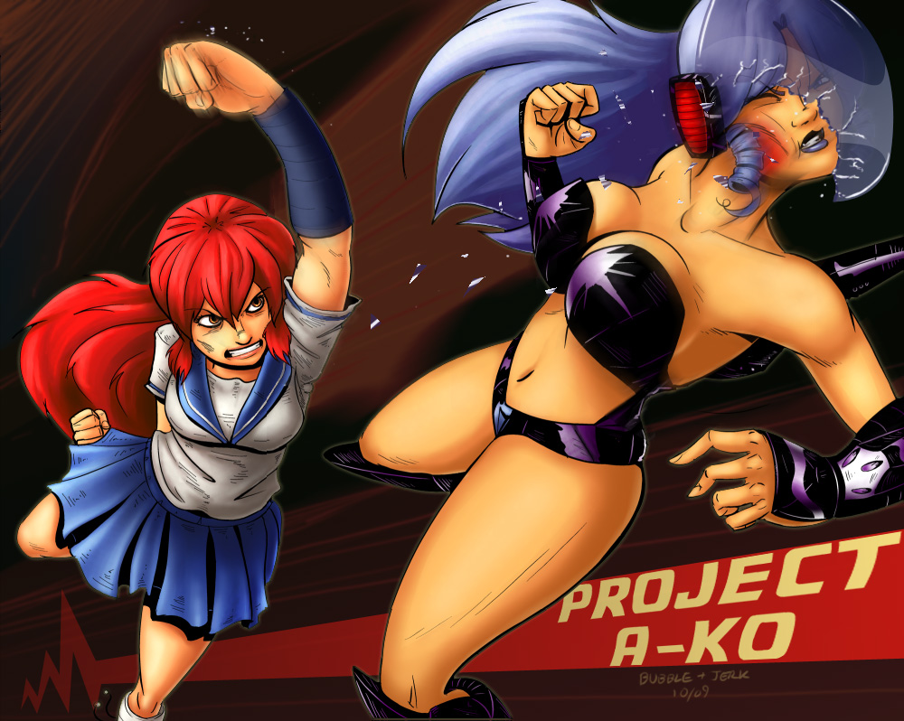 battle, bruise, daitokuji_biko, damaged, head_mounted_display, injury, jerk_douglas, long_hair, magami_eiko, project_a-ko, punching, purple_hair, red_eyes, red_hair, redhead, rignlets, school_uniform, serafuku, swimsuit