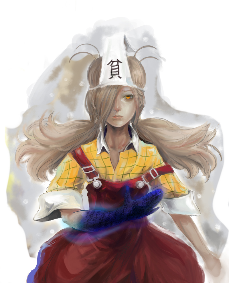 1girl, binbougami_ga!, blonde_hair, checkered_shirt, dress, glowing, long_hair, momiji_(binbougami_ga!)