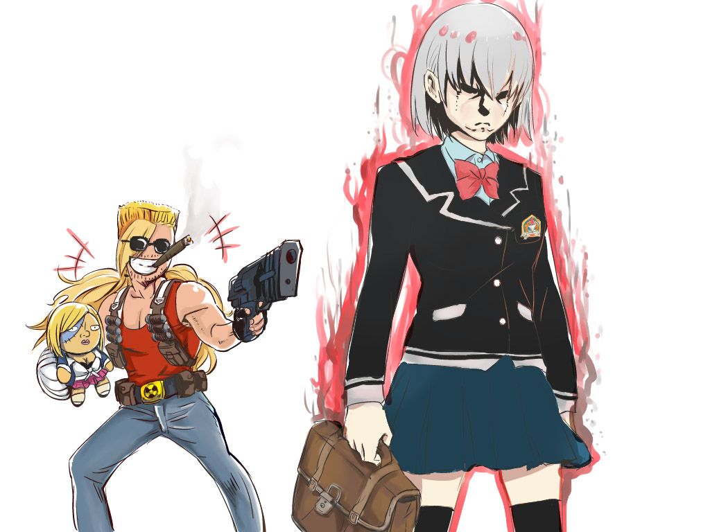 2girls, aura, backpack, bag, binbougami_ga!, blonde_hair, character_doll, cigar