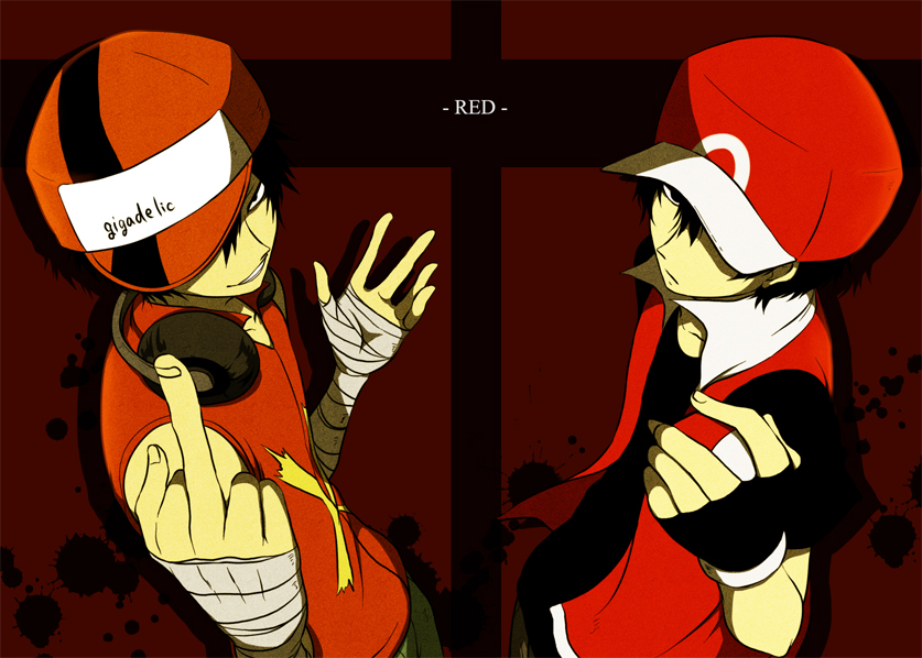 baseball_cap, beatmania, beatmania_iidx, character_name, crossover, fingerless_gloves, gloves, hat, middle_finger, multiple_boys, muu1519, perspective, pokemon, pokemon_(game), pokemon_frlg, pokemon_rgby, red_(pokemon), red_(pokemon)_(classic), red_(pokemon)_(remake)