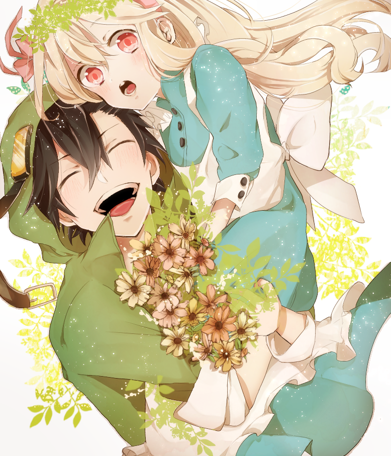 1girl, akamega, carrying, closed_eyes, couple, dress, eyes_closed, flower