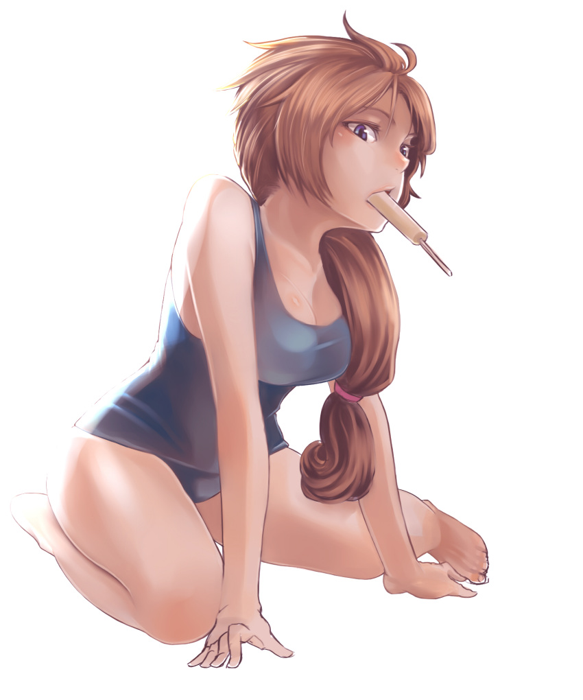 breasts, cleavage, gundam, gundam_unicorn, highres, konnyaku, long_hair, marida_kruz, orange_hair, ponytail, popsicle, sitting, swimsuit