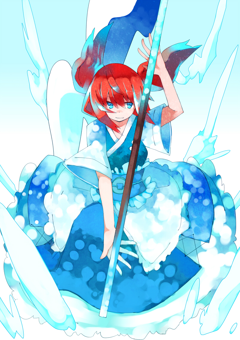blue_eyes, hair_bobbles, hair_ornament, obi, onozuka_komachi, red_hair, redhead, short_hair, short_sleeves, smile, solo, soudayu, touhou, twintails, weapon, wide_sleeves