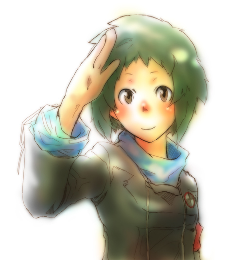 1girl, aqua_hair, blush, brown_eyes, colored, looking_at_viewer, lowres, muro