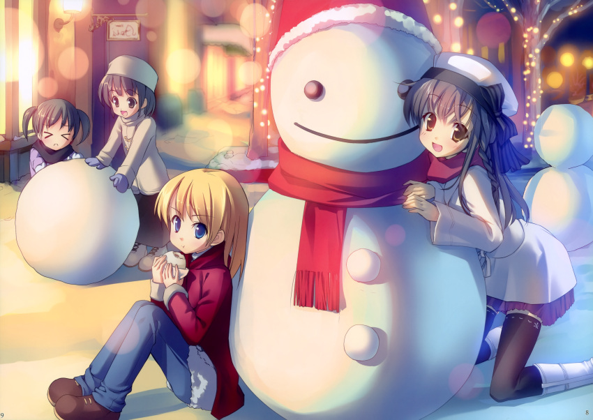 4girls, :d, artist_request, black_hair, blonde_hair, blue_eyes, character_request, child, eating, happy, leaning_forward, open_mouth, red_scarf, scan, scarf, sitting, smile, snow, snowman, standing, takoyaki_(artist), thigh-highs
