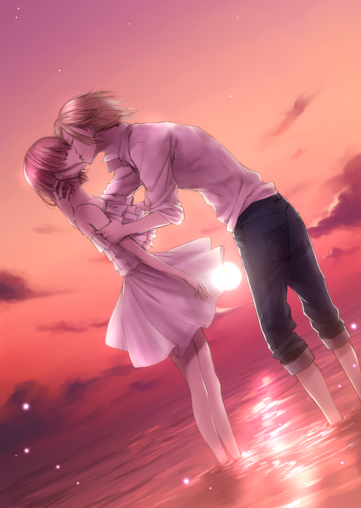 1girl, arm_holding, bare_shoulders, blonde_hair, closed_eyes, cloud, clouds, couple, dress, eyes_closed, feet_in_water, frilled_dress, frills, holding_arm, kirishima_sou, kiss, pink_hair, protagonist_(tokimemo_gs3), sakurai_ruka, shirt, sky, soaking_feet, sun, sunset, tokimeki_memorial, tokimeki_memorial_girl's_side_3rd_story, tokimeki_memorial_girl's_side_3rd_story, water, white_shirt