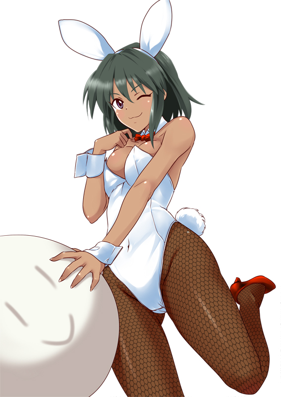 :3, ;3, animal_ears, black_hair, blue_eyes, blush, bowtie, breasts, bunny-ears, bunny_ears, bunny_tail, bunnysuit, clothed_navel, dark_skin, detached_collar, fake_animal_ears, fishnet_legwear, fishnets, green_hair, grey_hair, idolmaster, idolmaster_cinderella_girls, k2isu, natalia_(idolmaster), pantyhose, purple_eyes, rabbit_ears, short_hair, simple_background, smile, solo, tail, violet_eyes, white_background, wink, wrist_cuffs