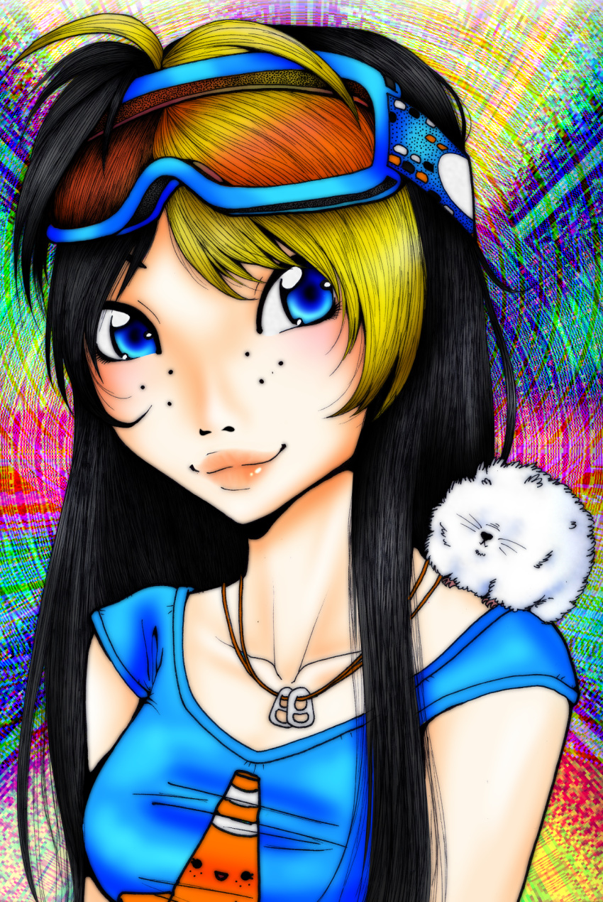 .:suri:., black_hair, blonde_hair, blue_eyes, blush, freckles, goggles, lips, original, rainbow