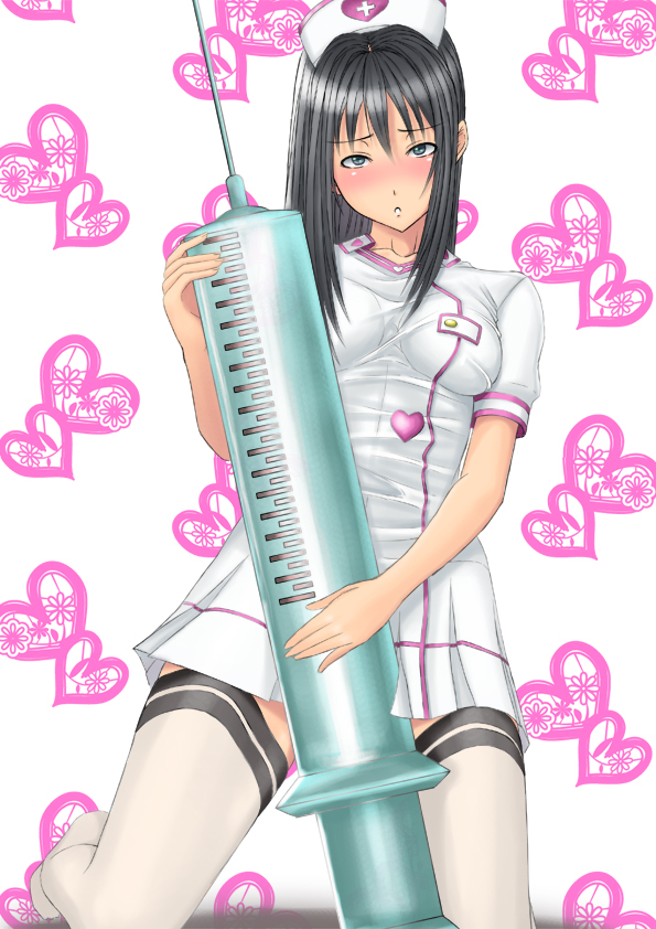 1girl, :o, black_eyes, black_hair, blush, female, hat, heart