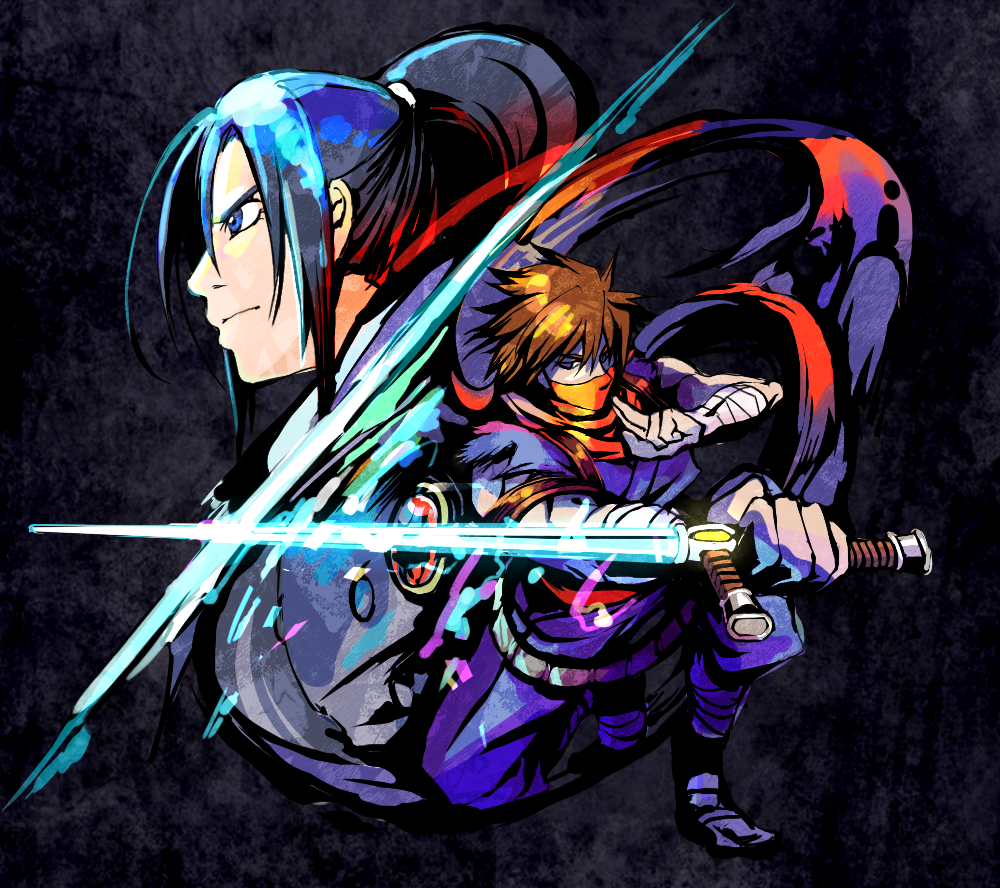 80s, 90s, 9tt6, blue_eyes, blue_hair, brown_hair, glowing, glowing_weapon