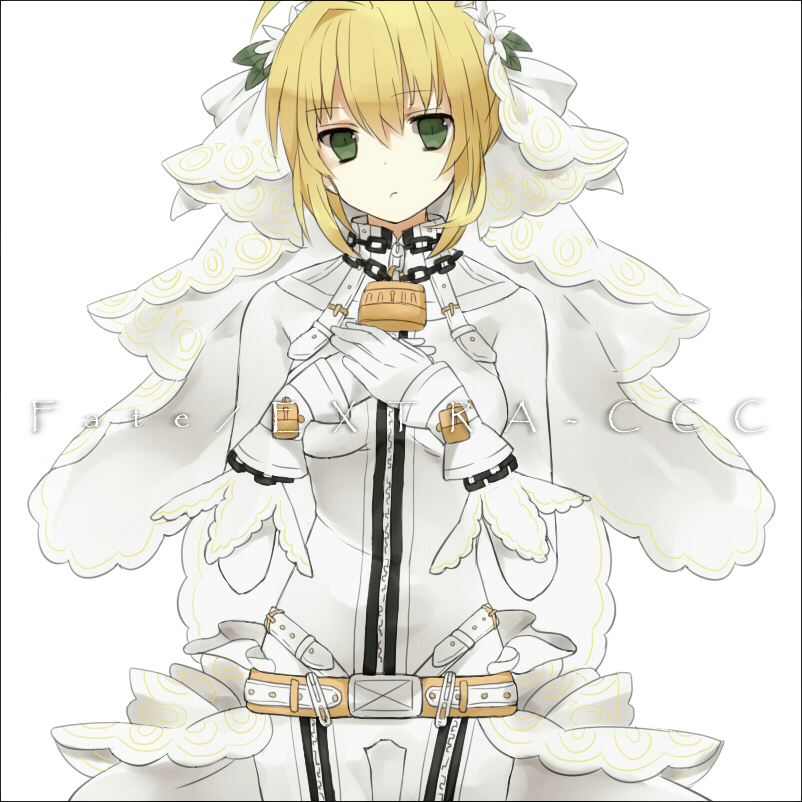 ahoge, blonde_hair, bodysuit, eve_(meltdown), fate/extra, fate/extra_ccc, fate_(series), gloves, green_eyes, lock, padlock, saber_bride, saber_extra, solo, thigh_gap, veil