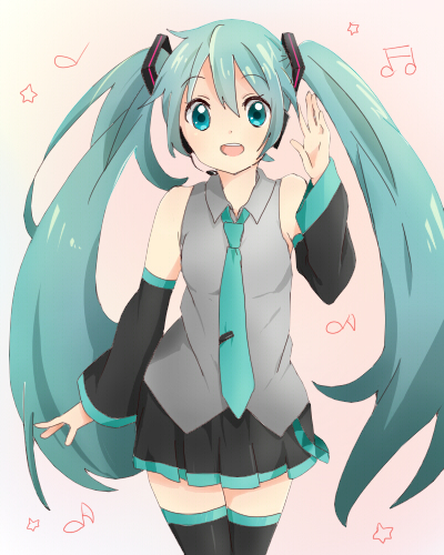 aqua_eyes, aqua_hair, detached_sleeves, hatsune_miku, headset, long_hair, lowres, musical_note