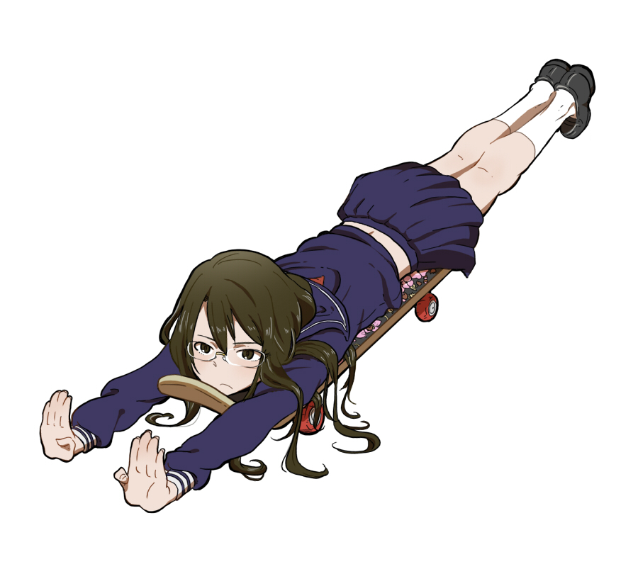 :<, brown_eyes, brown_hair, glasses, jacket, kneehighs, loafers, long_hair
