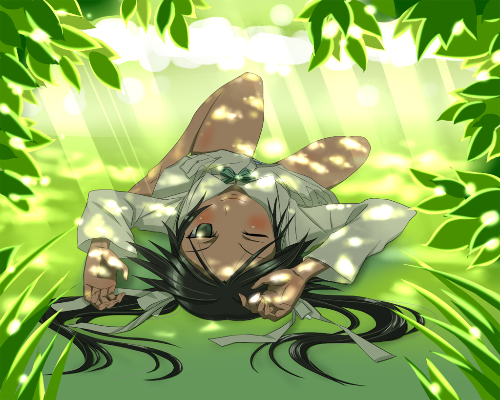 barefoot, black_hair, blush, bow, francesca_lucchini, green_eyes, hair_bow, hair_ornament
