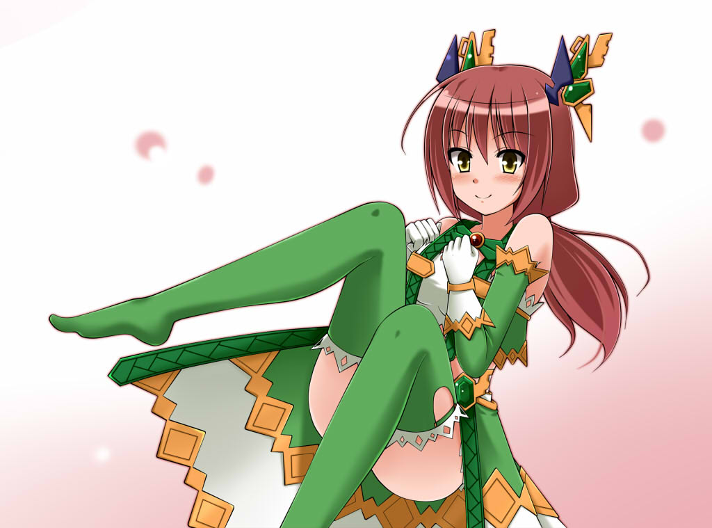bare_shoulders, blush, brown_hair, cape, cardfight!!_vanguard, cosplay, dimension_police, elbow_gloves, gloves, green_legwear, hair_ornament, long_hair, looking_at_viewer, magical_police_quilt, no_shoes, ponytail, sazaki_hiyoru, sitting, smile, solo, thigh-highs, thighhighs, usui_yuri, vanguard_ride, yellow_eyes