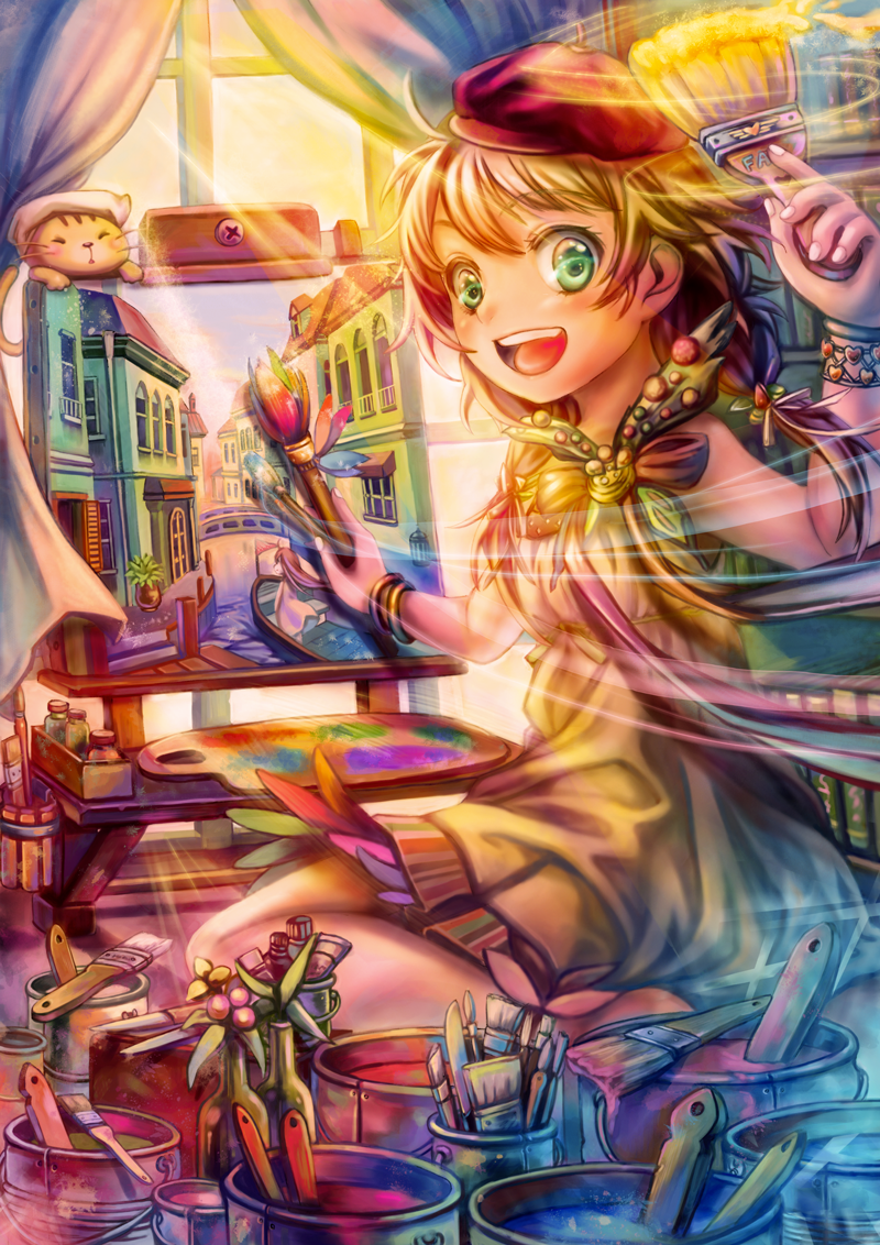 :d, antenna_hair, beret, boat, bracelet, bridge, brown_hair, cat