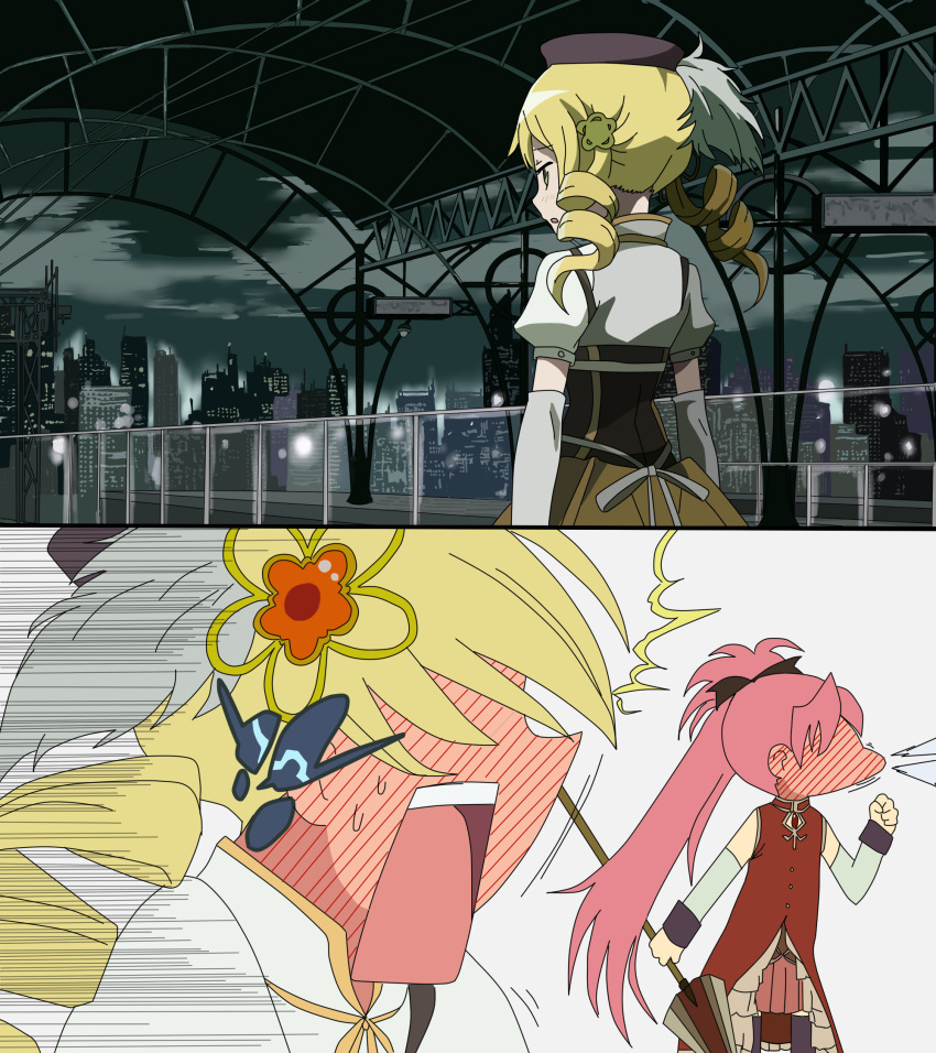 blush, cityscape, commentary_request, detached_sleeves, drill_hair, full-face_blush, hair_ornament, hat