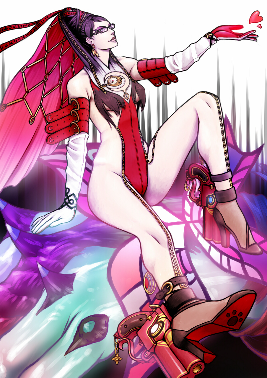 alternate_color, anarchy_reigns, bare_shoulders, bayonetta, bayonetta_(character), belt, black-framed_glasses, black_hair