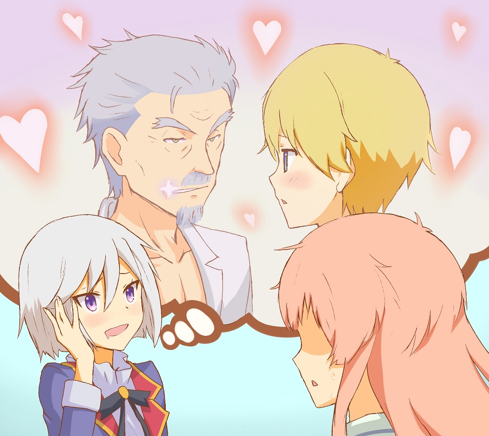 2girls, age_difference, assistant_(jintai), blonde_hair, blue_eyes, blush, drooling, facial_hair