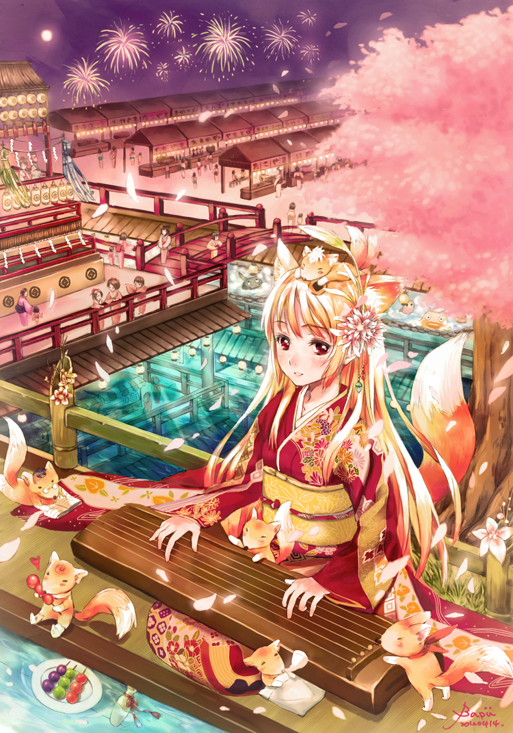 animal_on_head, bird, book, bridge, cherry_blossoms, dango, duck, festival, fireworks, flower, food, fox, fox_ears, fox_tail, glasses, hair_flower, hair_ornament, hat, heart, instrument, japanese_clothes, kimono, koto_(instrument), long_hair, moemi_tobi, moon, on_stomach, orange_hair, original, plate, reading, red_eyes, scarf, seiza, sitting, sleeping, tail, tokkuri, wagashi, water