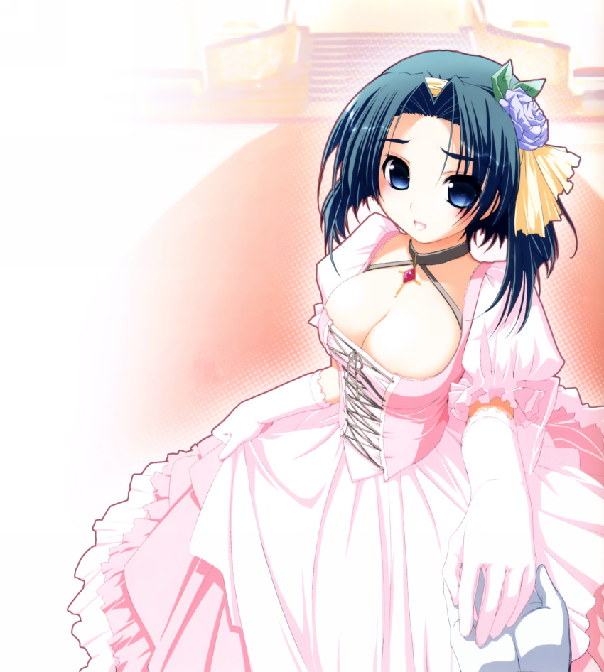 :d, absurdres, akata_itsuki, aqua_hair, blue_eyes, breasts, cleavage, dress
