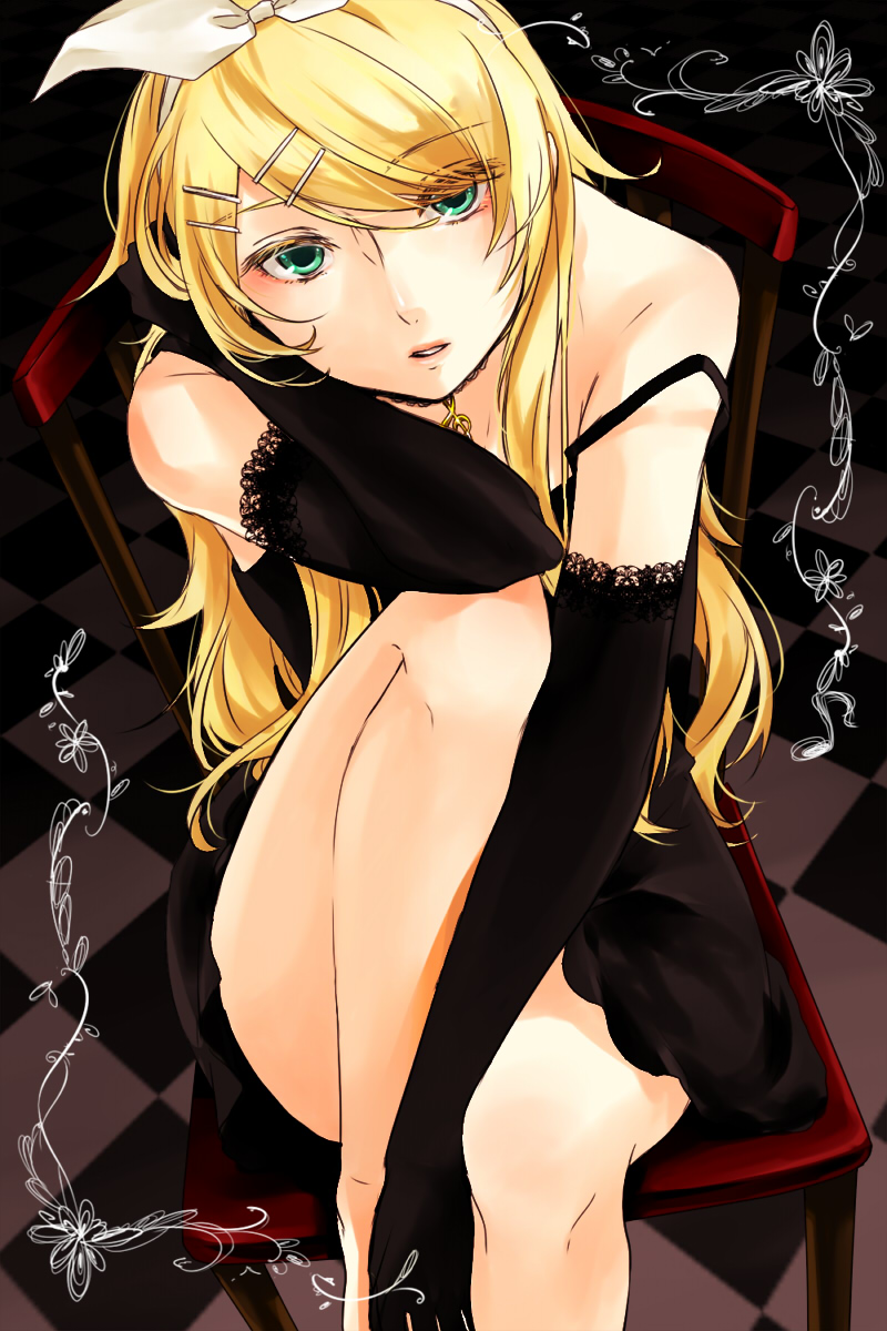 alternate_hairstyle, ambrosia, aqua_eyes, bare_shoulders, blonde_hair, elbow_gloves, gloves, hair_ornament, hair_ribbon, hairclip, highres, kagamine_rin, long_hair, looking_at_viewer, open_mouth, ribbon, sitting, solo, strap_slip, tenni_noboru, vocaloid
