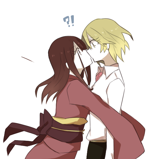 blonde_hair, brown_hair, hariu_eri, japanese_clothes, kimono, kiss, mihirogi_uta, multiple_girls, obi, saki, saki_achiga-hen, short_hair, surprised, yashu, yuri