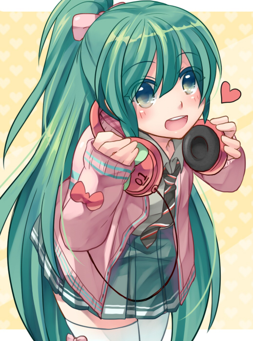 alternate_hairstyle, green_eyes, green_hair, hatsune_miku, headphones, headphones_around_neck, heart, holding_headphones