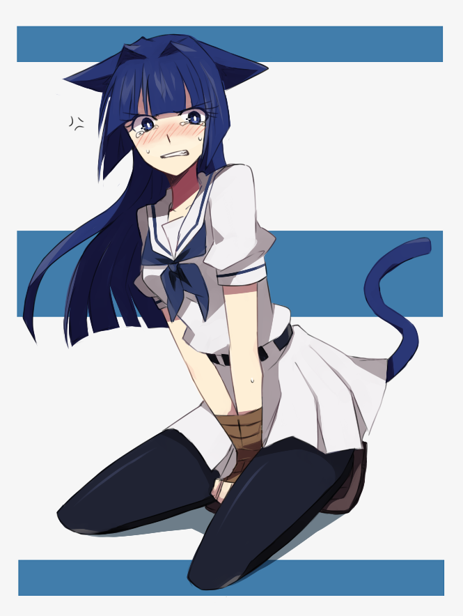 animal_ears, blue_hair, blush, cat_ears, cat_tail, clenched_teeth, gritted_teeth, hirose_sumire