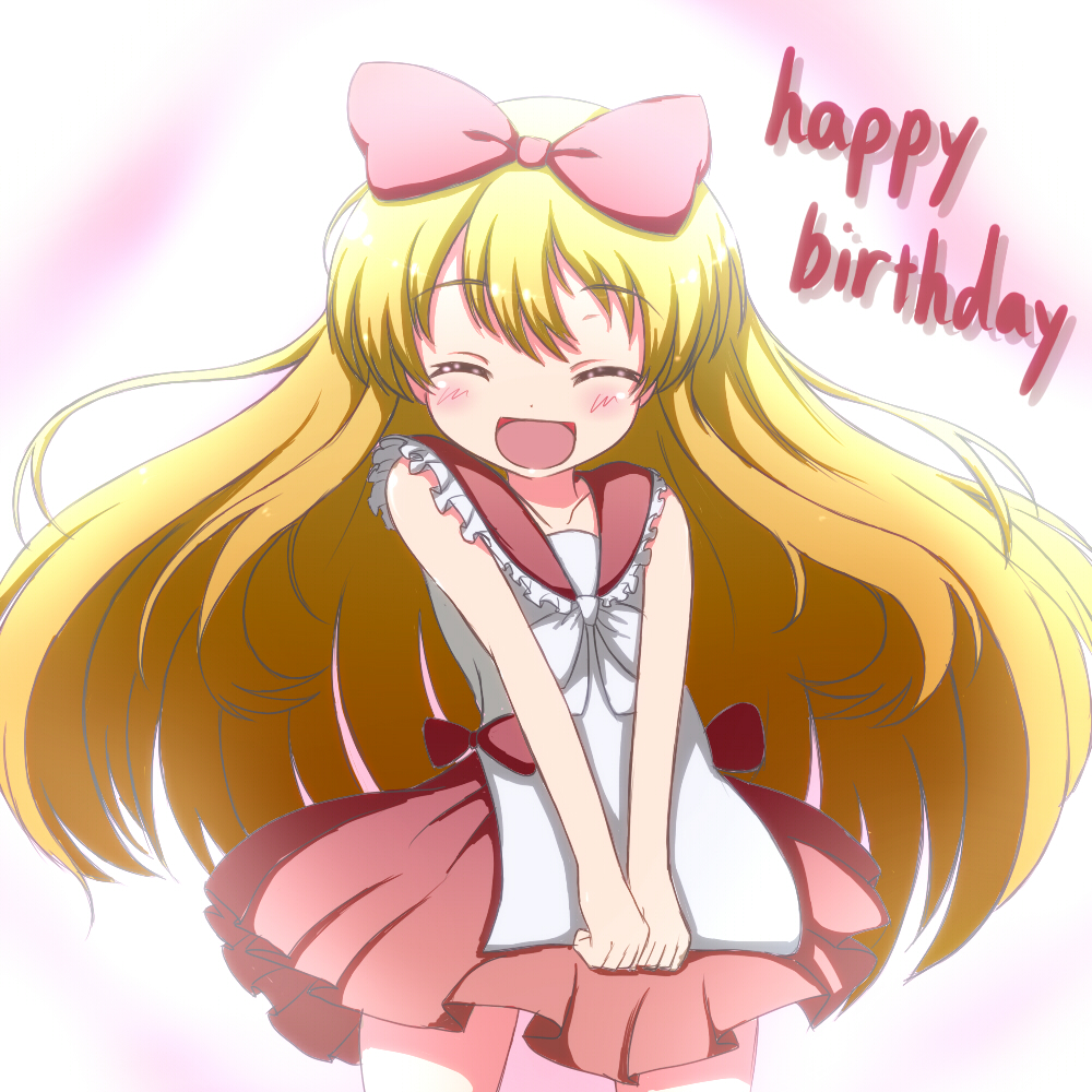 amae_koromo, banderasu, birthday, blonde_hair, blush, closed_eyes, eyes_closed, hairband, long_hair, ribbon, saki, smile, solo