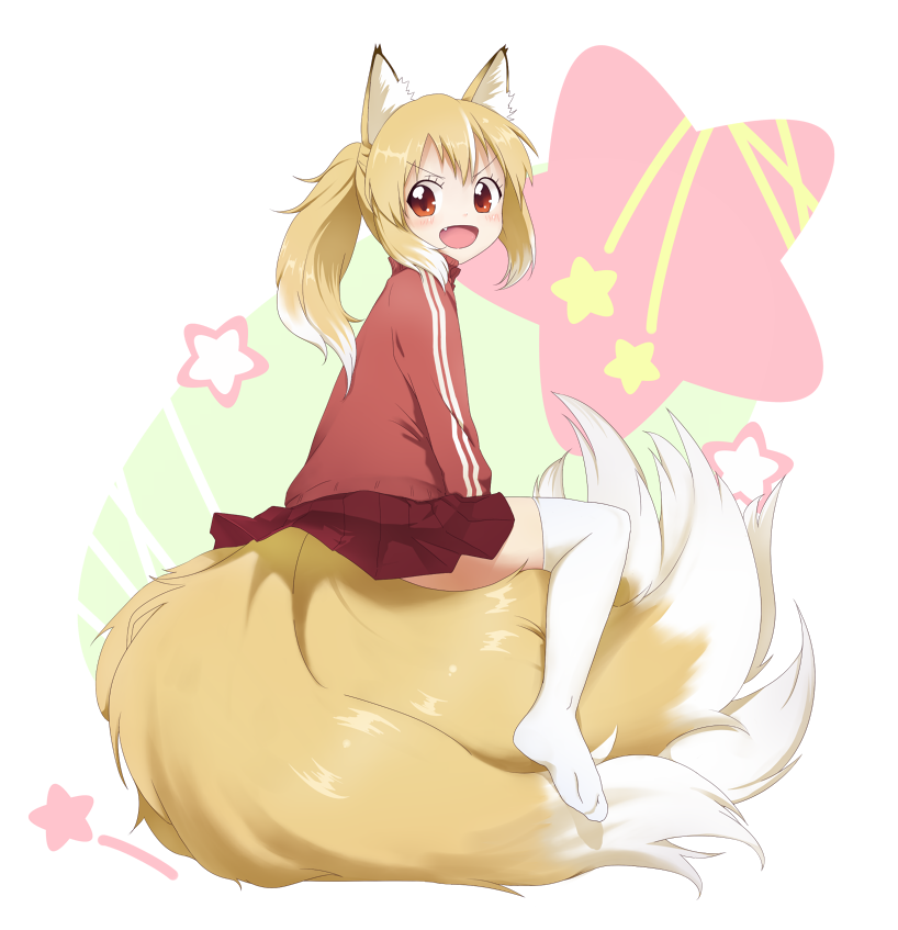 >:), >:d, :d, animal_ears, blonde_hair, fang, fox_ears, fox_tail