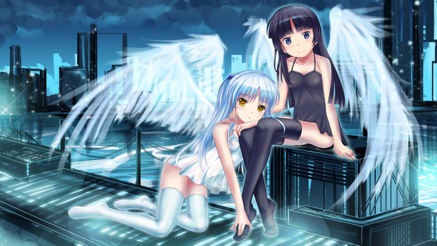 angel_beats!, angel_wings, bangs, bare_shoulders, black_hair, black_legwear, blue_eyes, blush