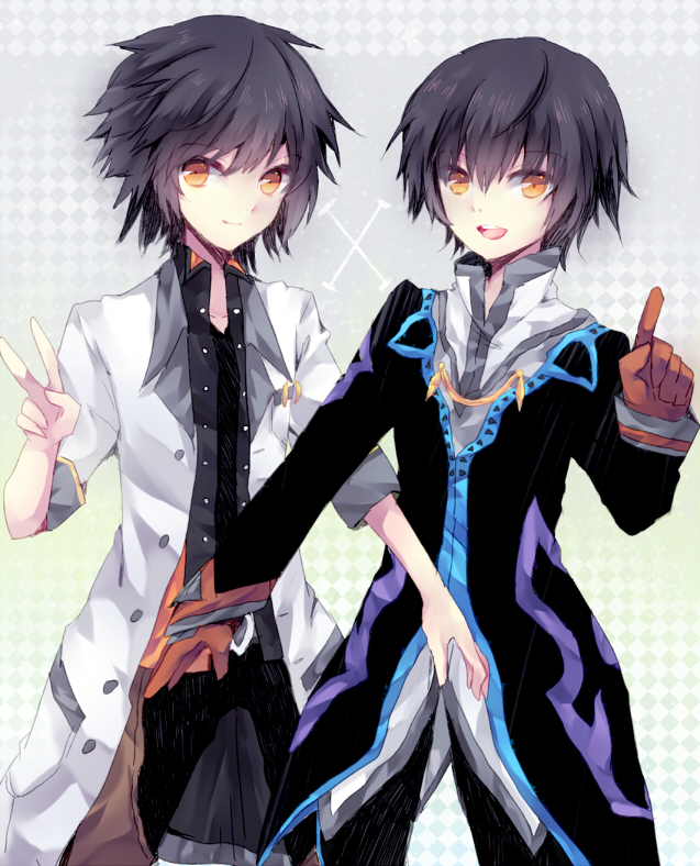 black_hair, brown_eyes, coat, dual_persona, gloves, hatobue, jude_mathis, male, smile, tales_of_(series), tales_of_xillia, tales_of_xillia_2, v