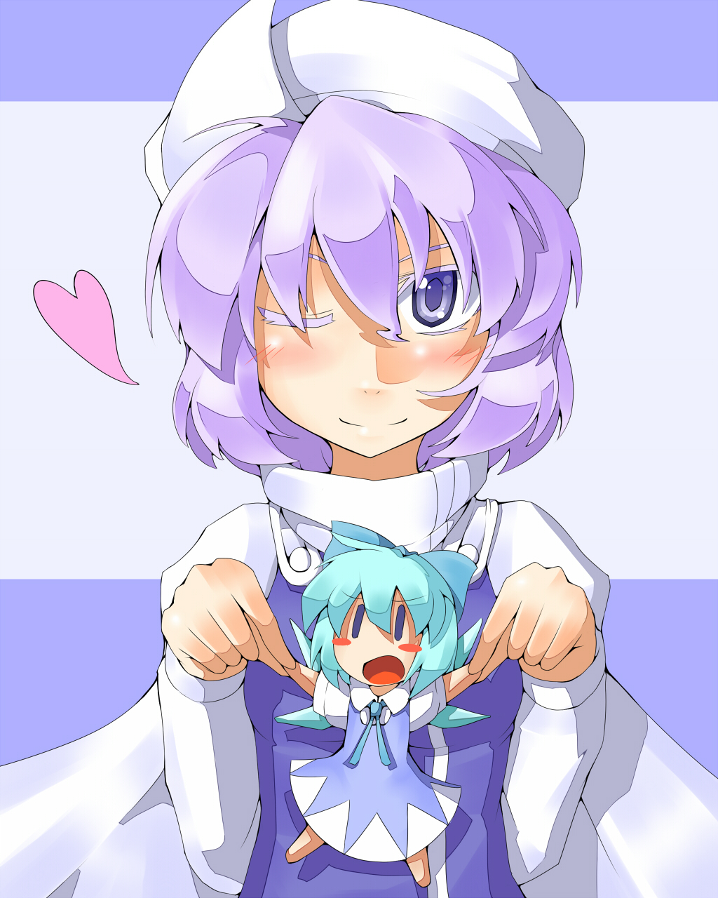 blue_hair, blush, blush_stickers, bow, cape, cirno, futomashio, hair_bow