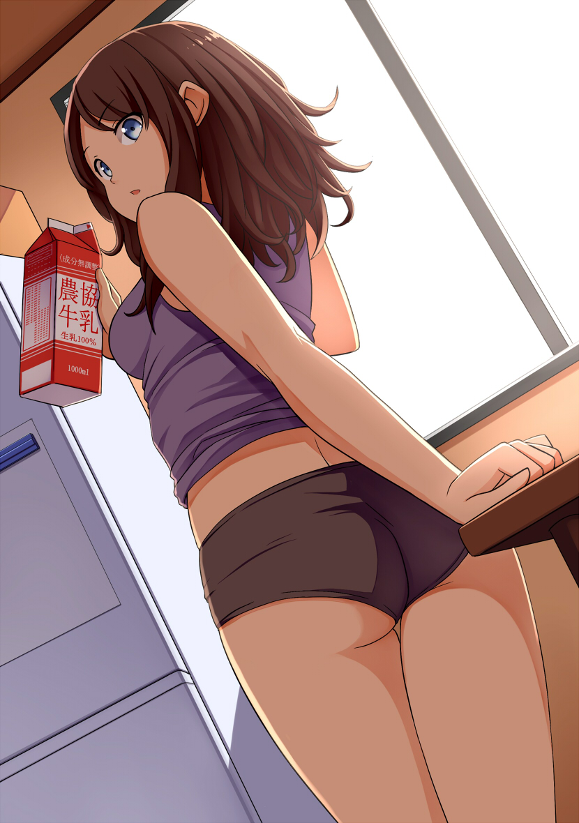 :o, ass, blue_eyes, brown_hair, copyright_request, from_behind, holding, legs