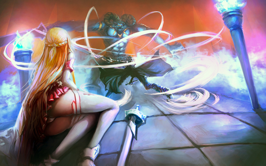 asuna_(sao), blackrabbitsoul, brown_hair, dual_wielding, fighting, kirito, long_hair, panties