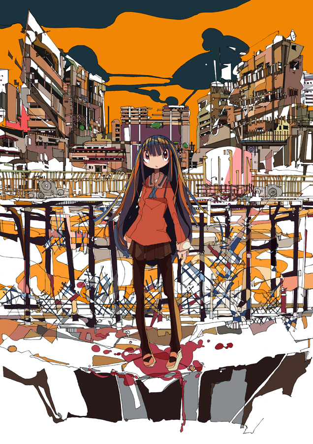 abstract, cityscape, colorful, high_contrast, kinuten, long_hair, original, pantyhose